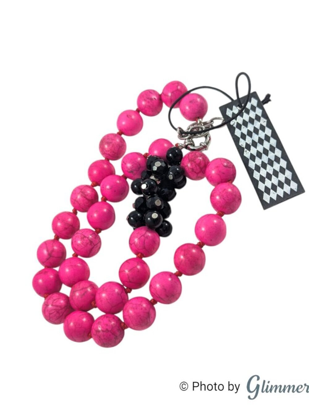 Hot Pink Chunky Beaded Necklace Dyed Stone Black Accent 20.5”